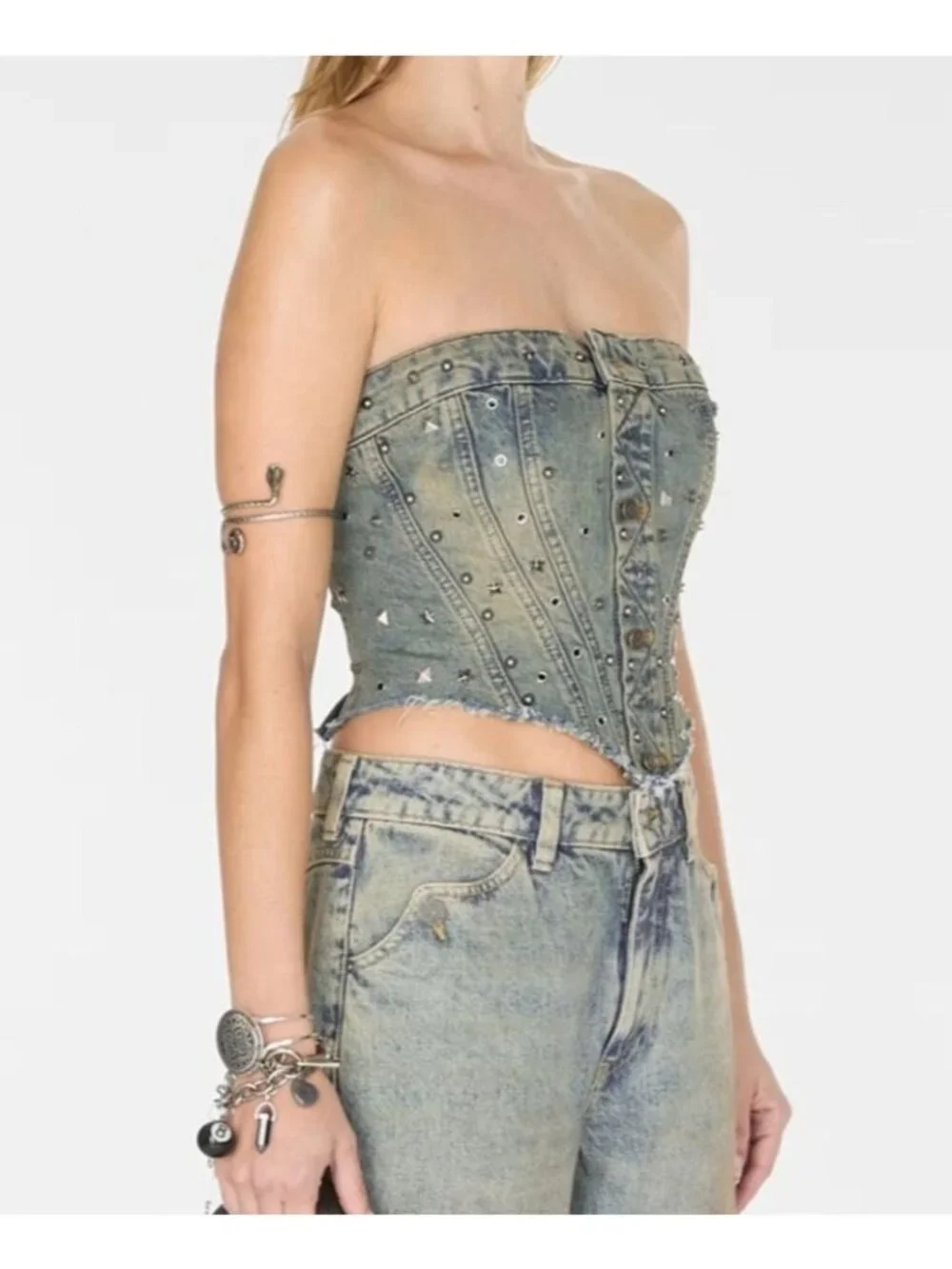 GUESS USA Silver Stud Embellished Gusa‎ Indigo Brown Tint Denim Corset Large